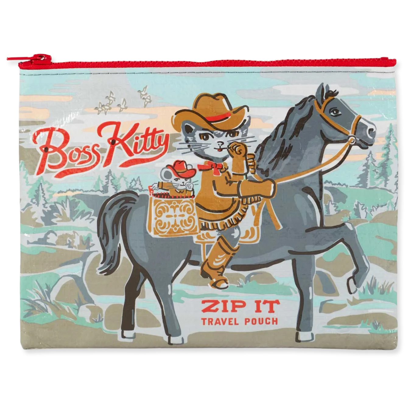Travel pouch with a cat in cowboy attire riding a horse, labeled 'Boss Kitty'.