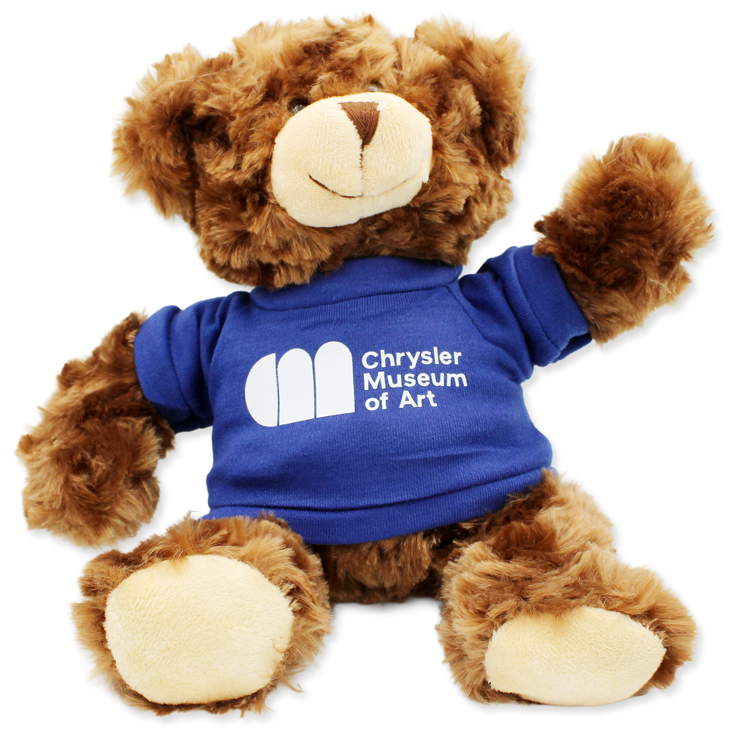 Brown teddy bear wearing a blue shirt with 'Chrysler Museum of Art' logo on a white background