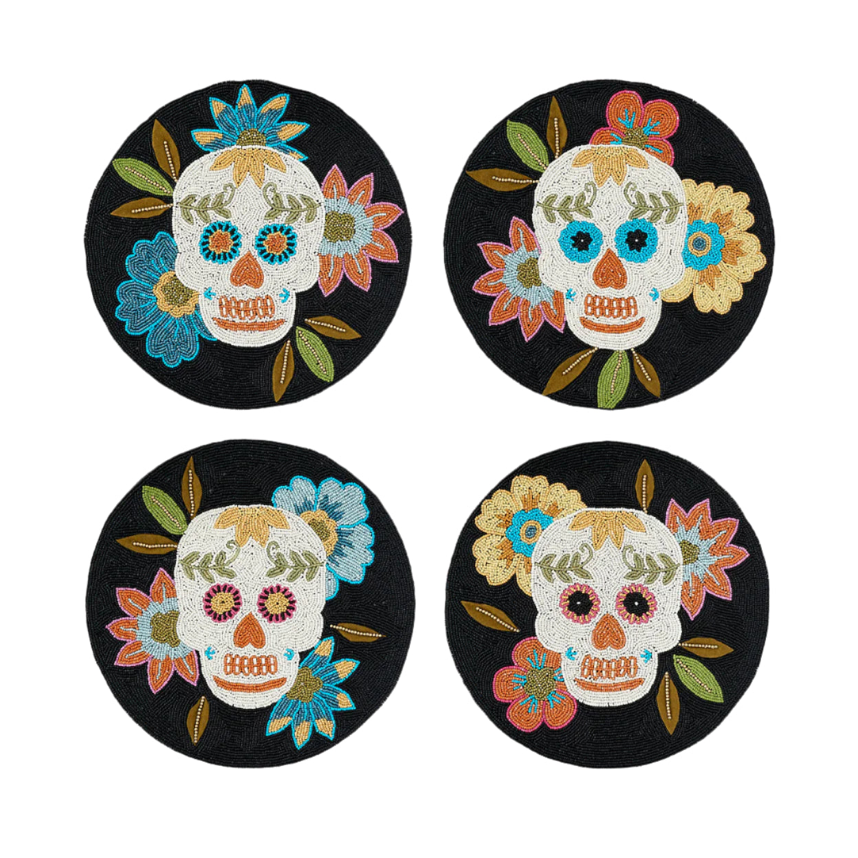 Four beaded round placemats with Sugar Skull and flowers designs