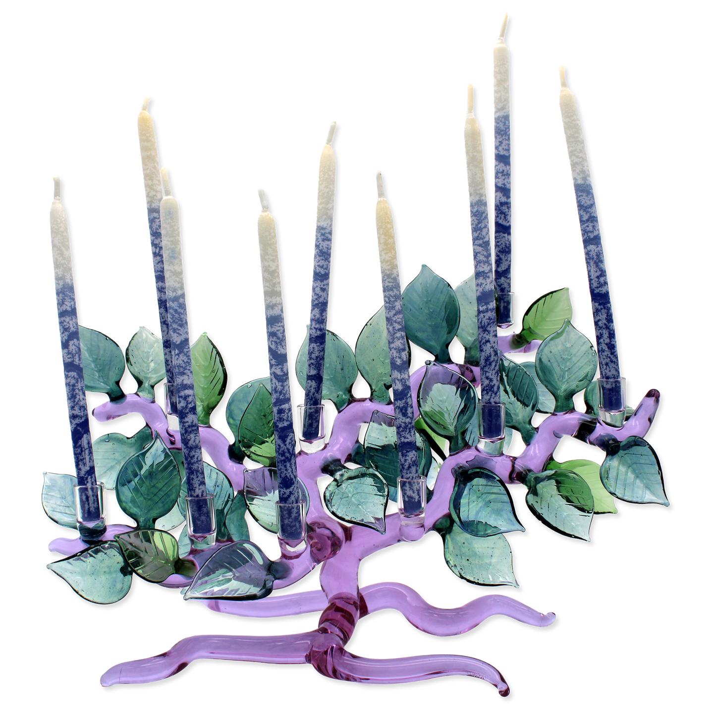 Decorative candle holder shaped like a tree with candles on a white background