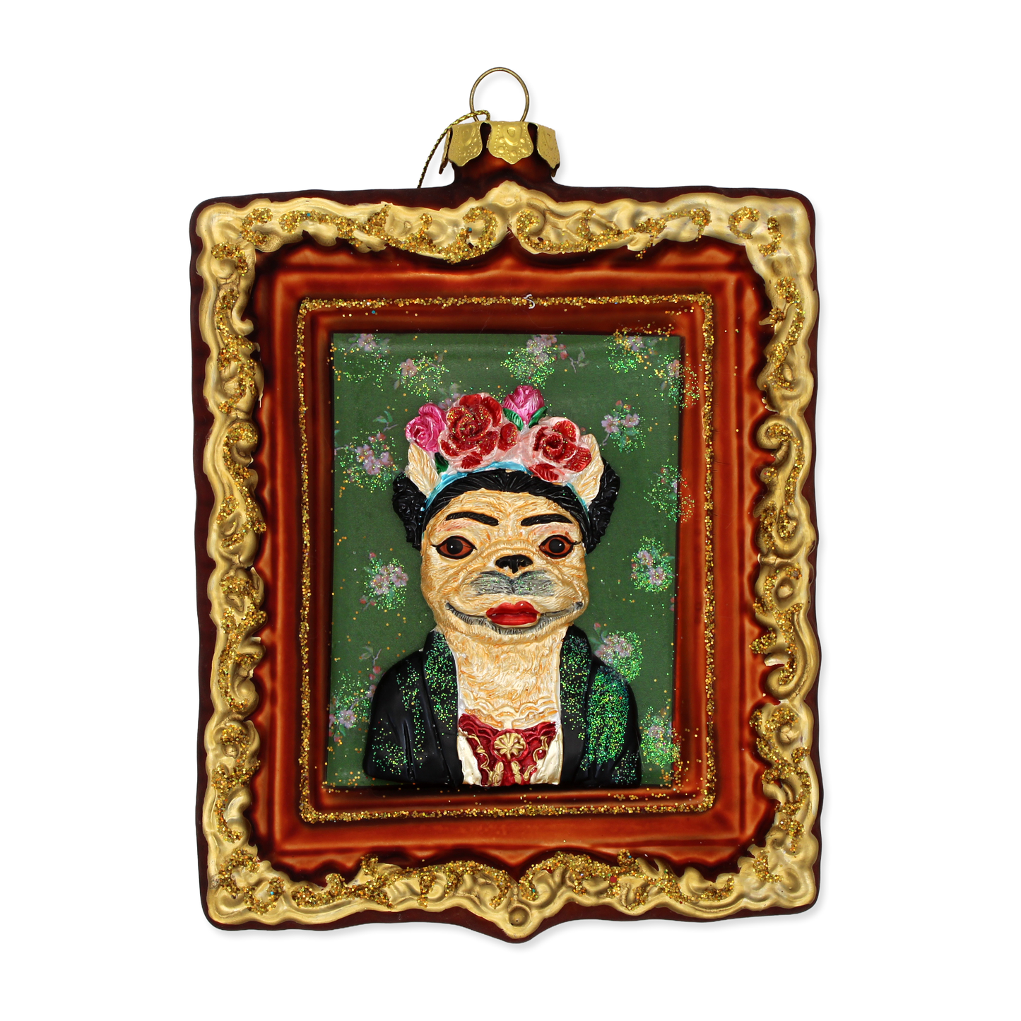 Decorative ornament with a stylized portrait of a dog in a decorative frame on a white background
