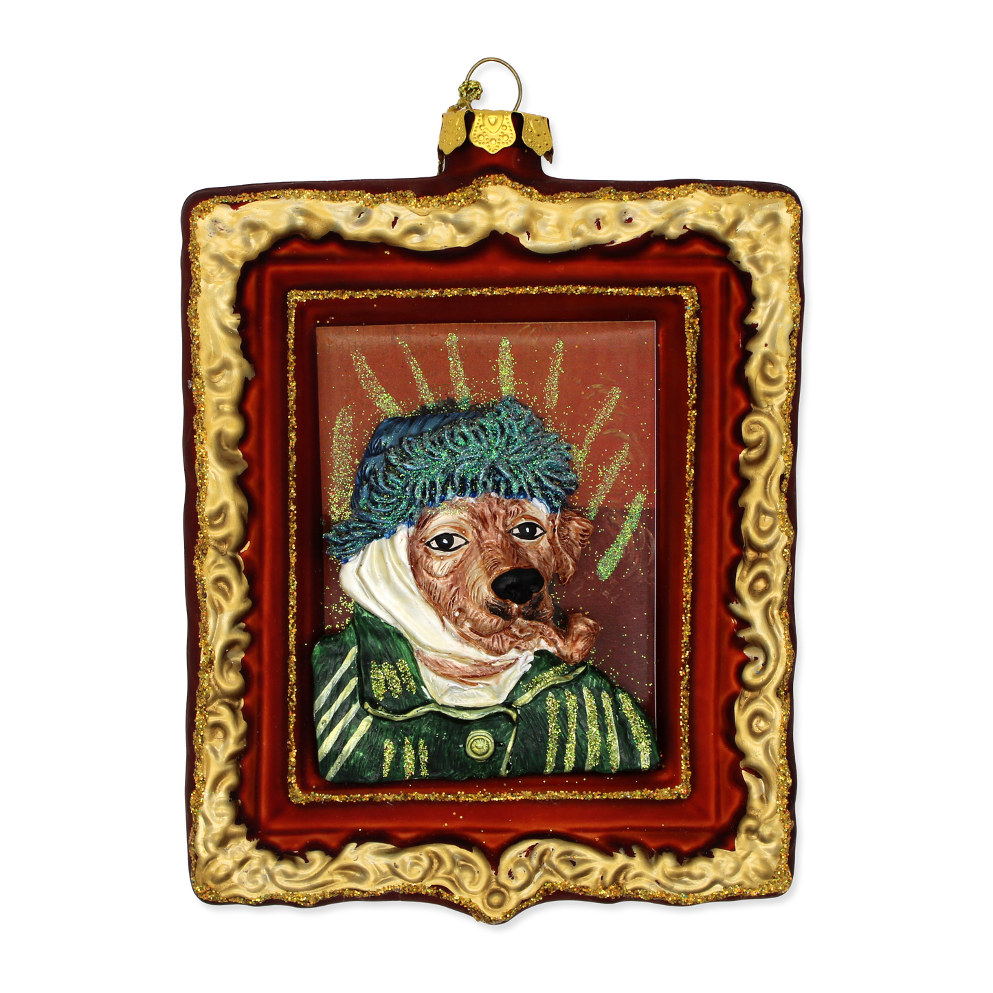 Decorative ornament with a dog wearing a hat and coat in a gold frame on a white background