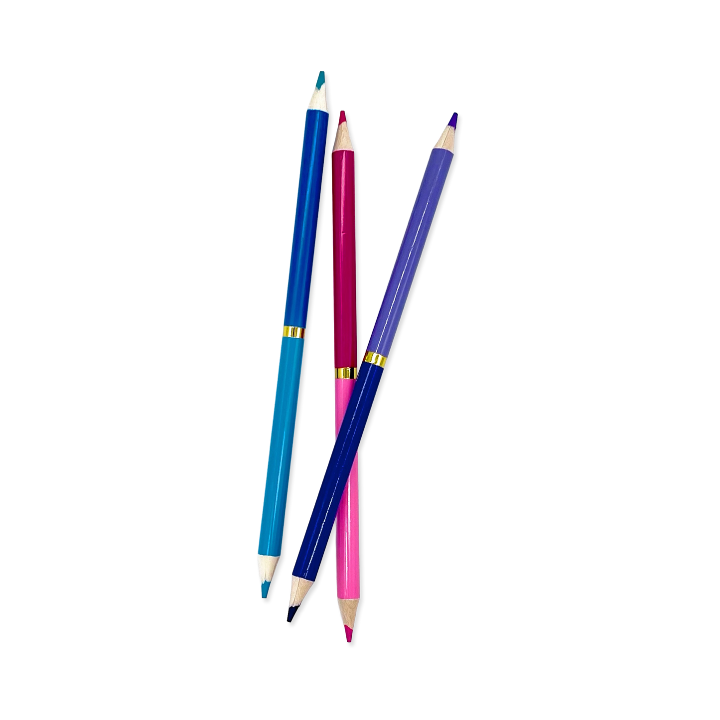 Three colored pencils (blue, pink, purple) on a white background
