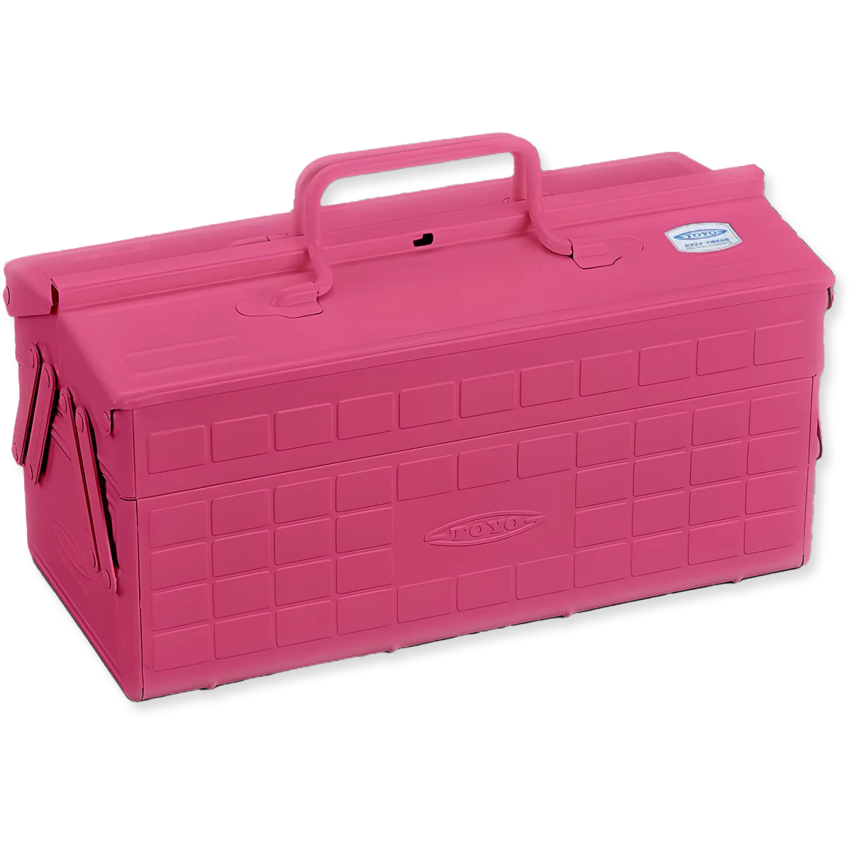 Pink metal tool box with a handle on a white background
