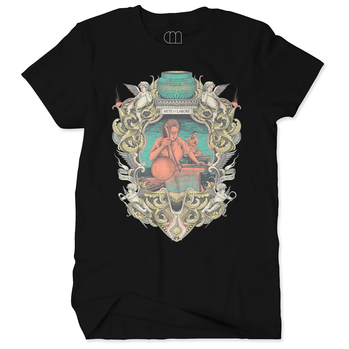 Black t-shirt with a colorful graphic design on a white background