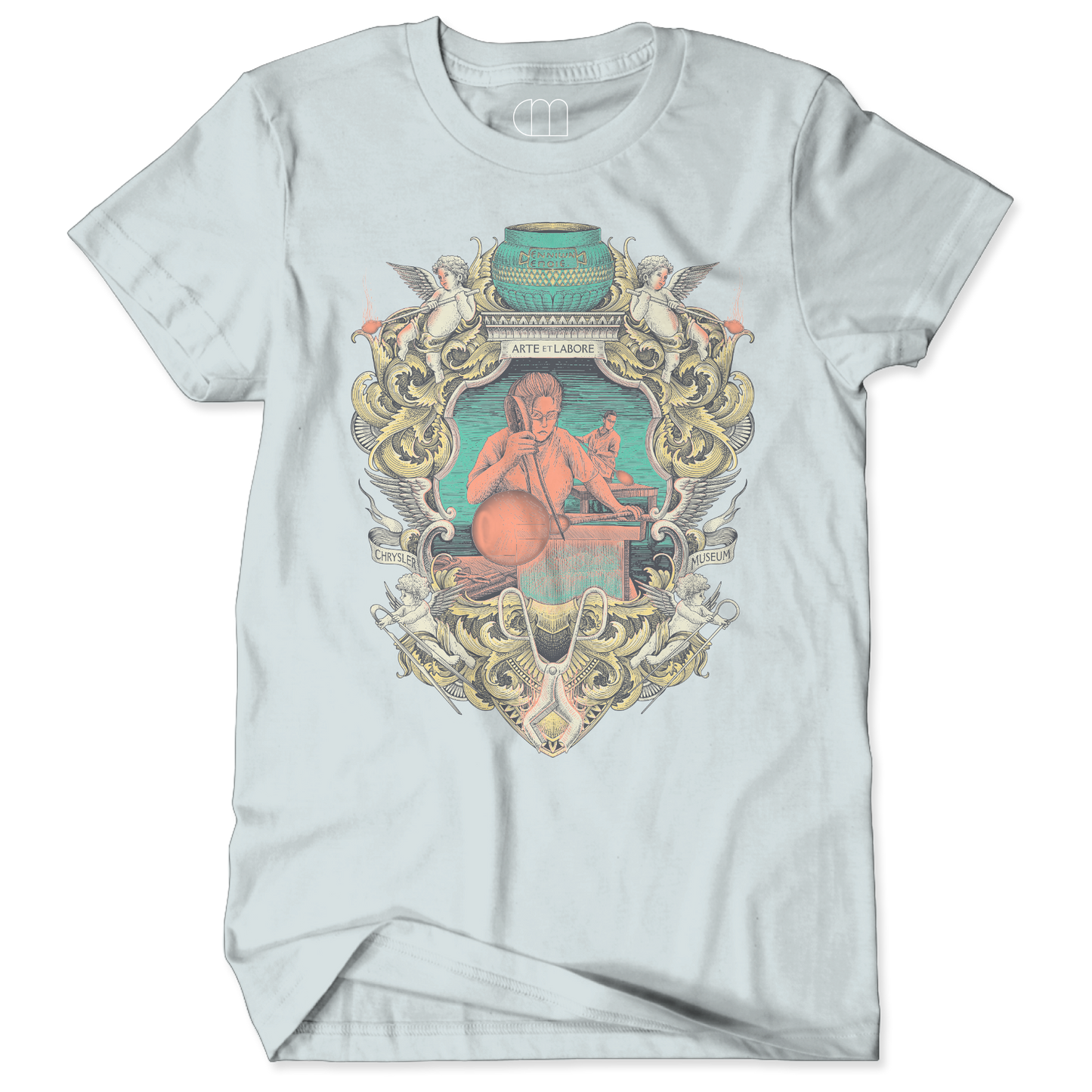 Light blue t-shirt with decorative graphic design on a white background