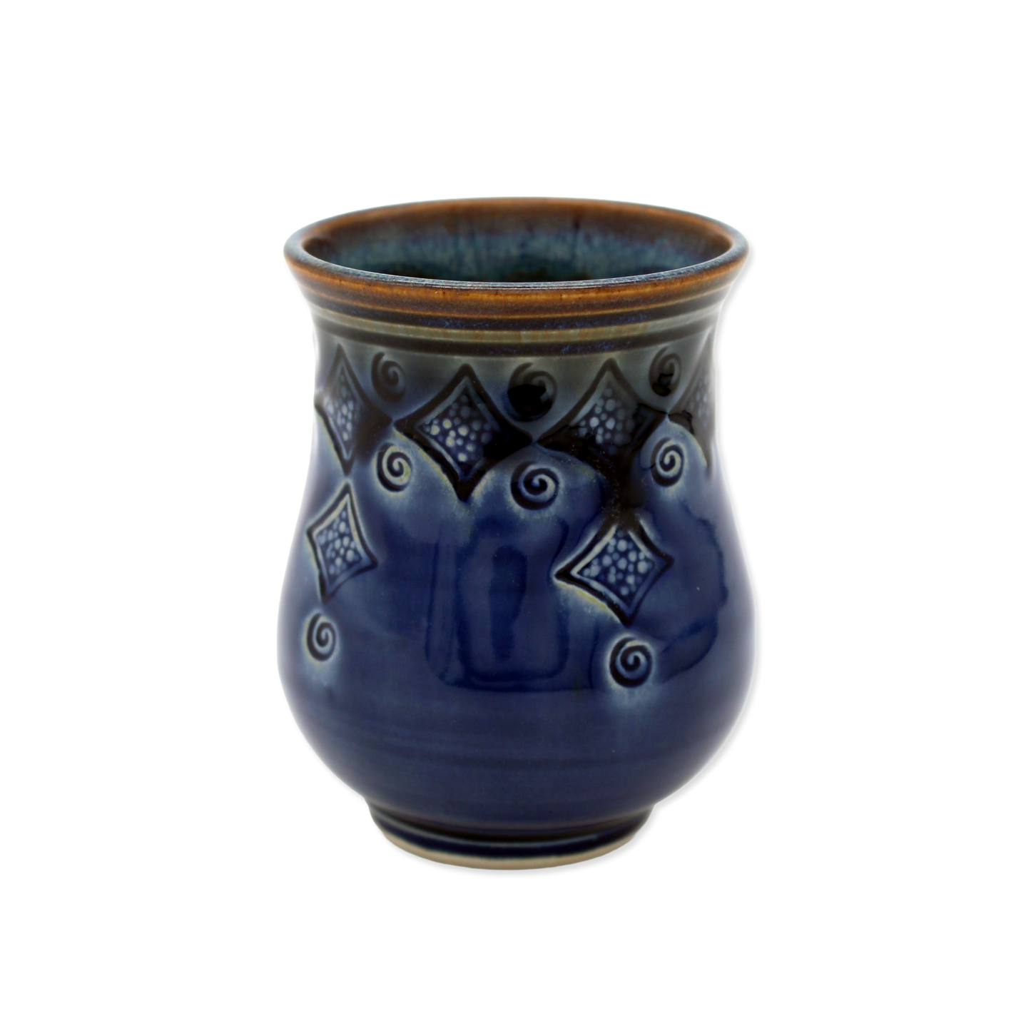 Blue ceramic vase with decorative patterns on a white background