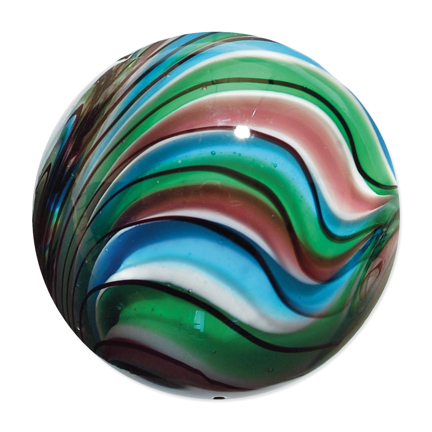 Colorful glass orb with swirling patterns on a white background