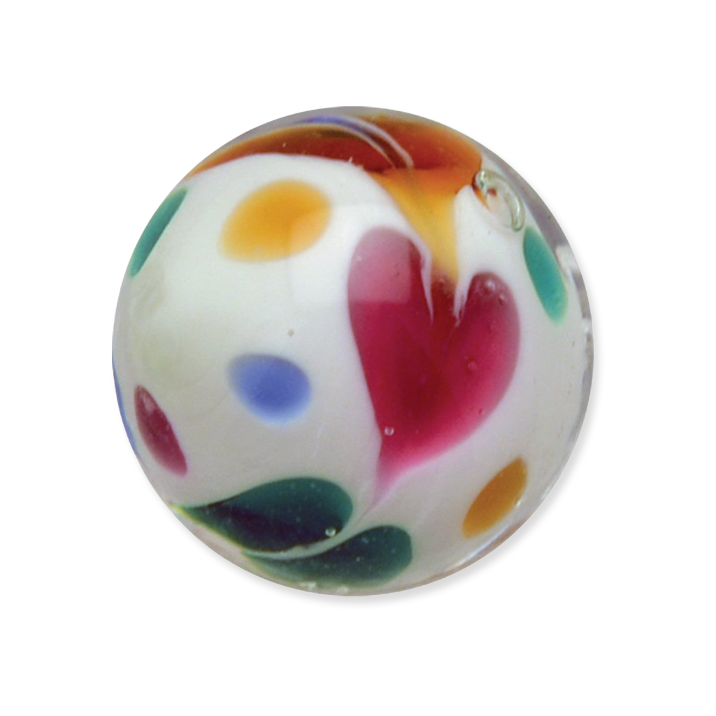 Colorful glass marble with multicolored spots on a white background
