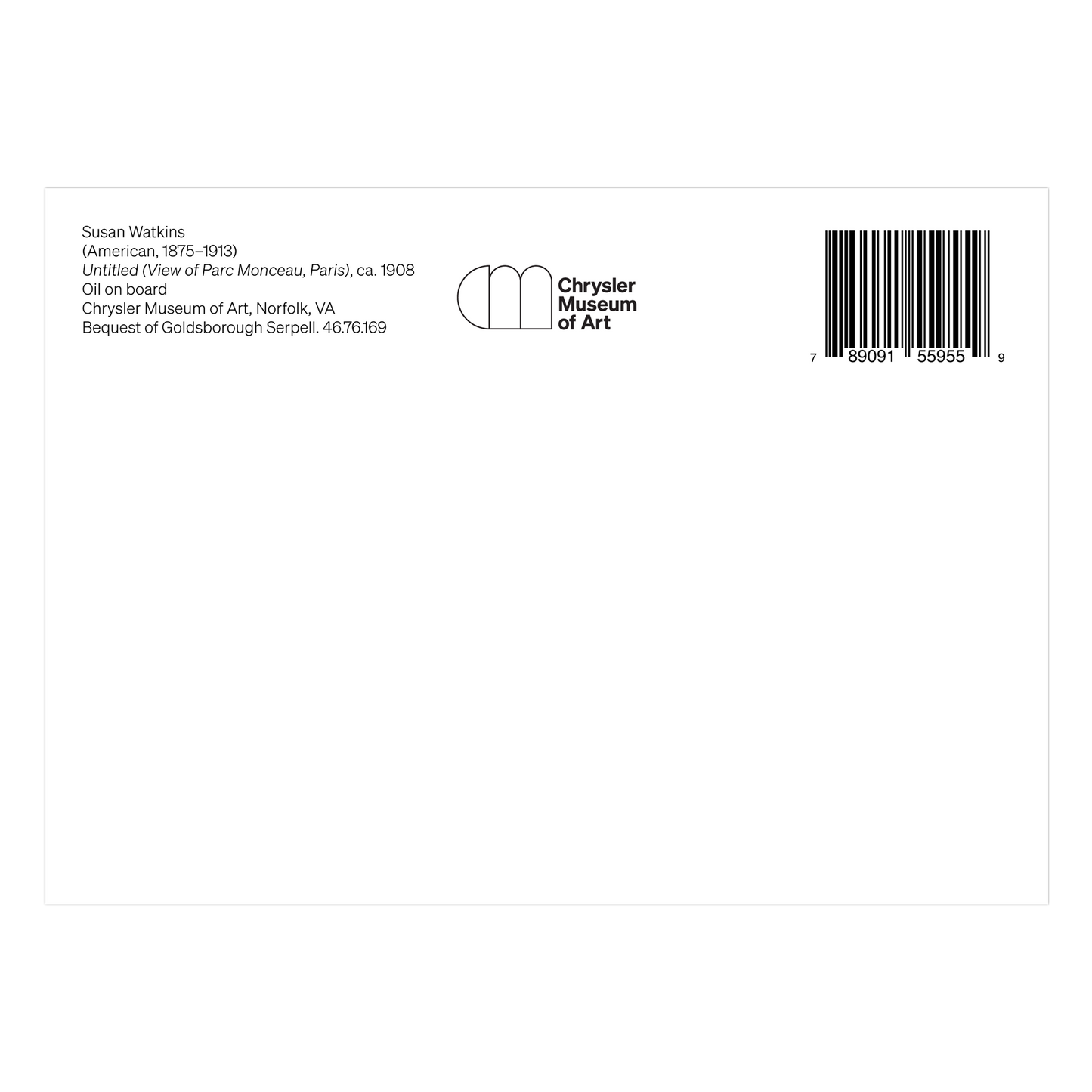 Susan Watkins Postcard: "View of Parc Monceau, Paris" (back) - Chrysler Museum Shop