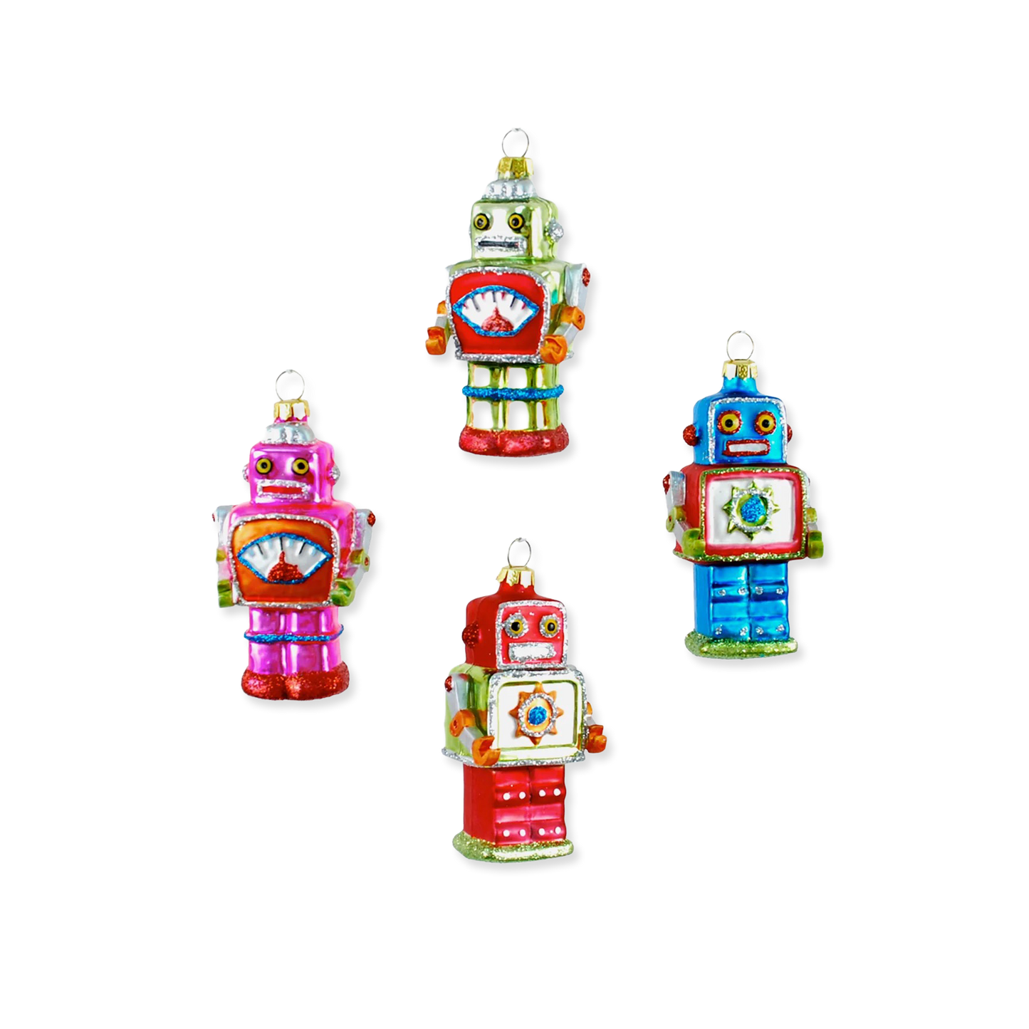 Set of colorful robot-themed Christmas ornaments on a white background
