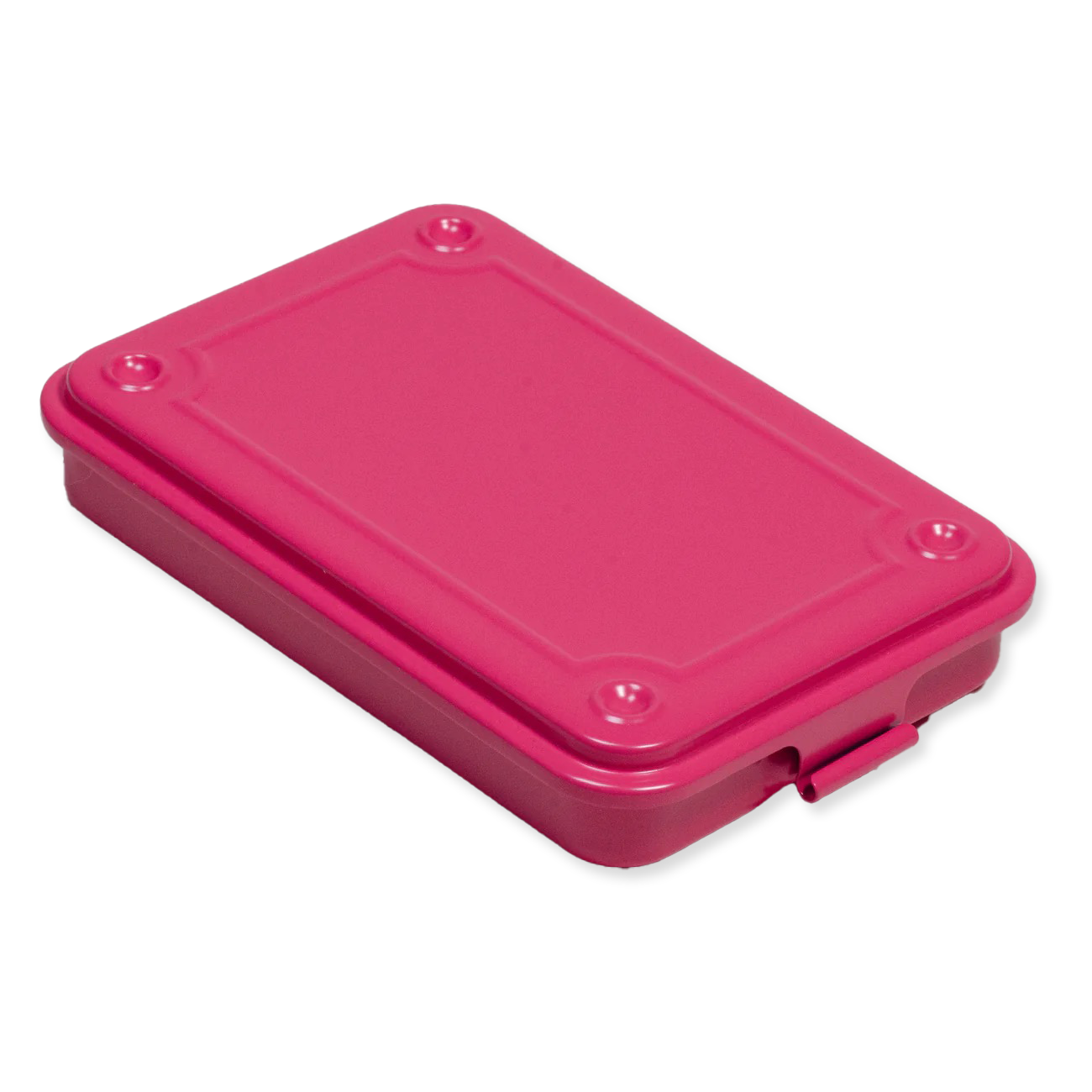 Pink rectangular steel container with a lid on a white background