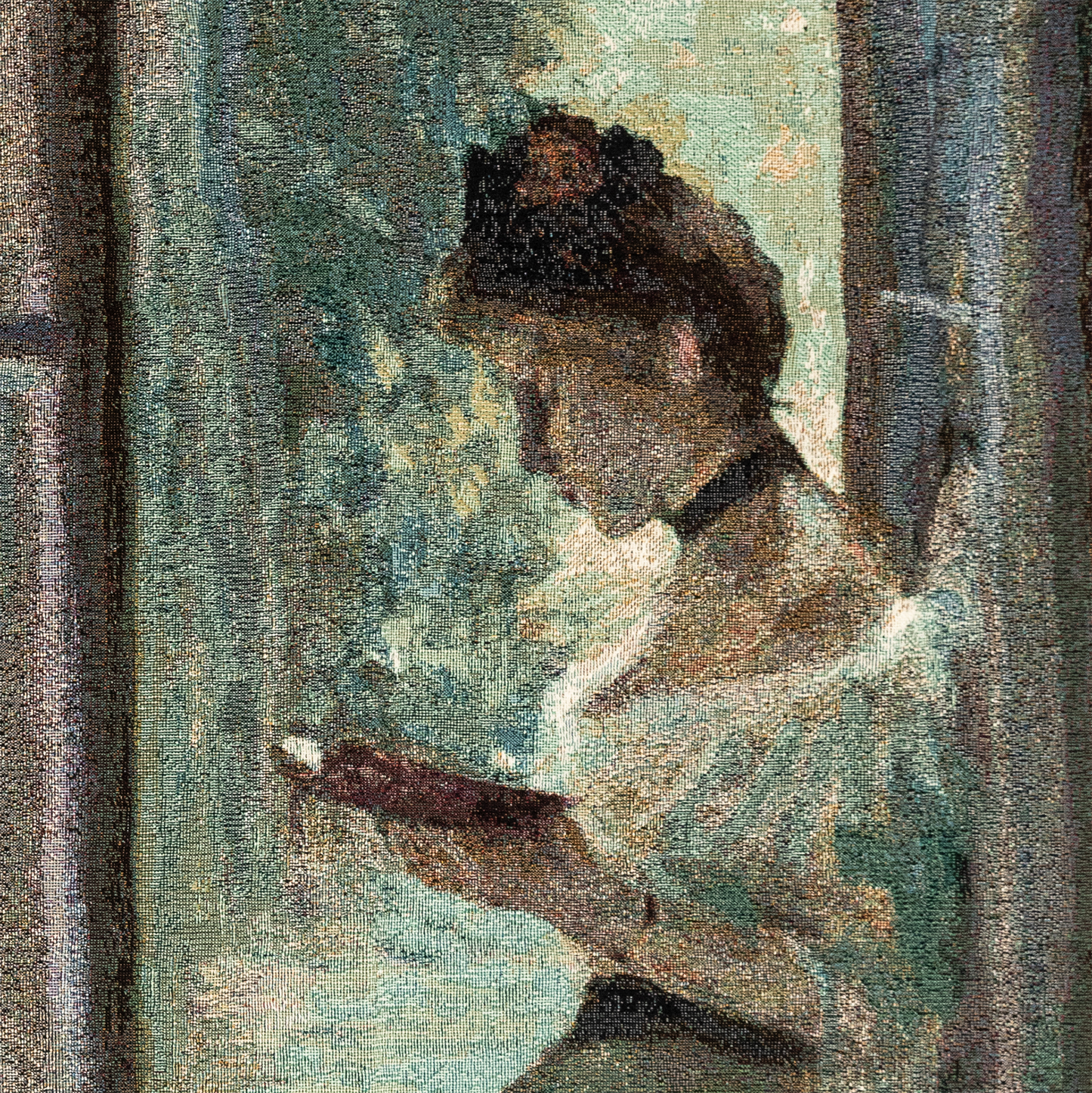 Artistic depiction of a person with a hat in a textured frame