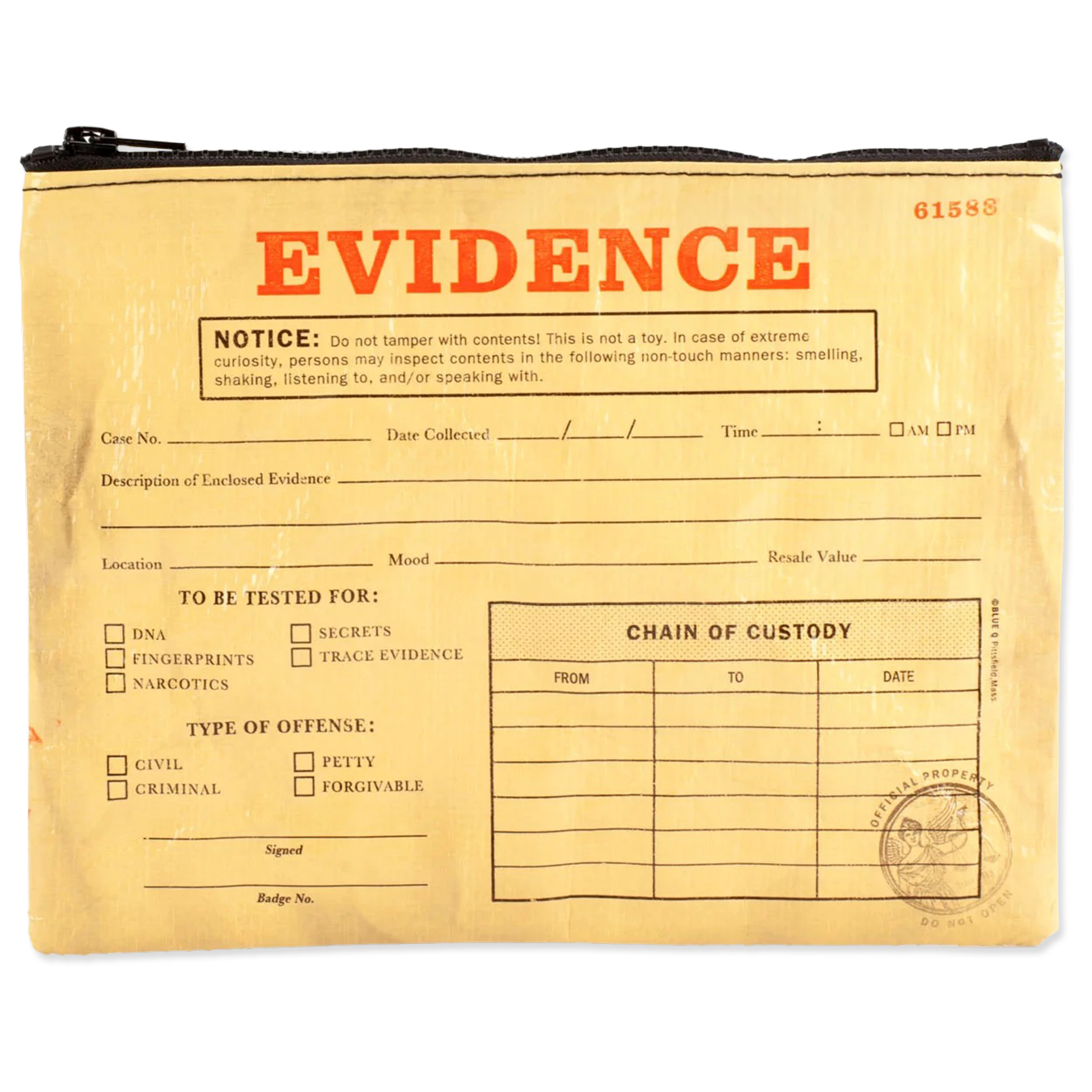 Pouch designed to look like an evidence bag with text and forms on a white background