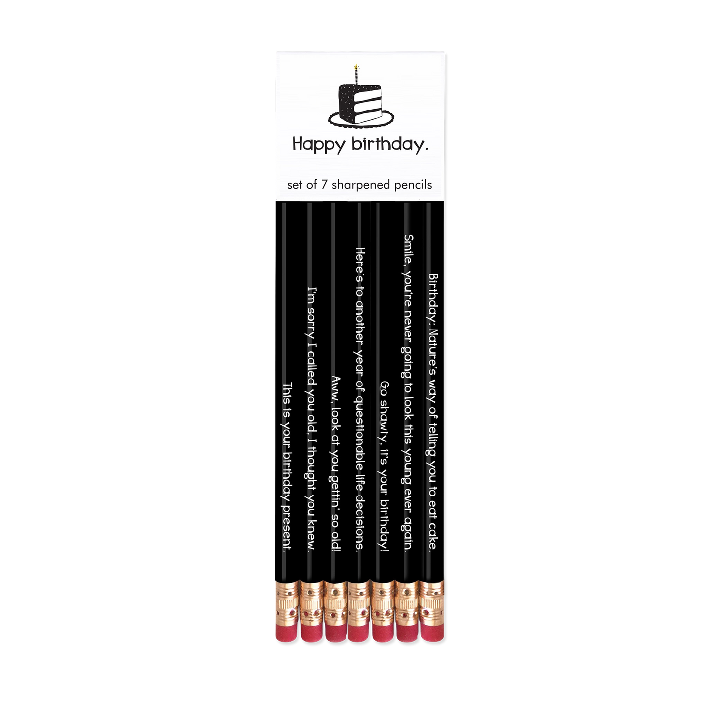 Set of 7 sharpened pencils with humorous text in a packaging labeled 'Happy Birthday'.