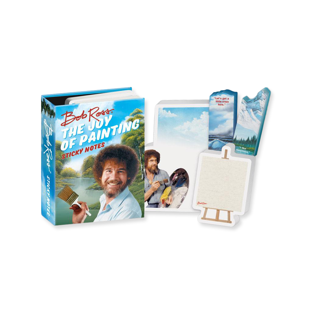 Set of 4 pads of novelty sticky notes, bundled in a decorative folder with "Bob Ross The Joy of Painting" on the cover.