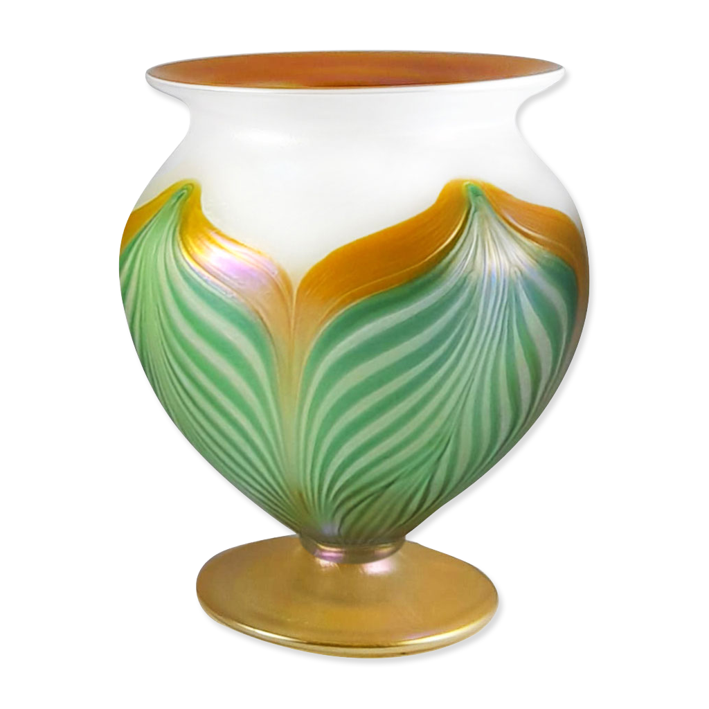Decorative vase with green and gold design on a white background