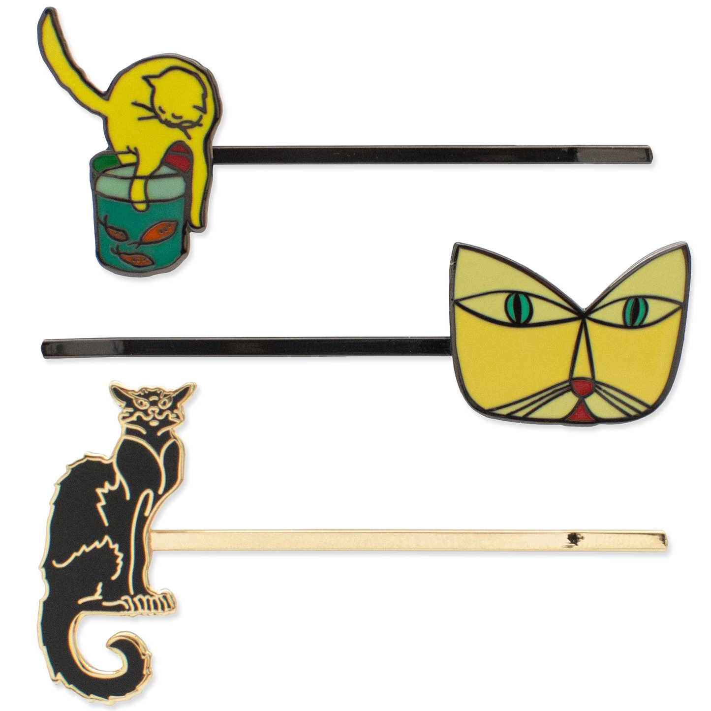 Set of three cat-themed hairpins on a white background