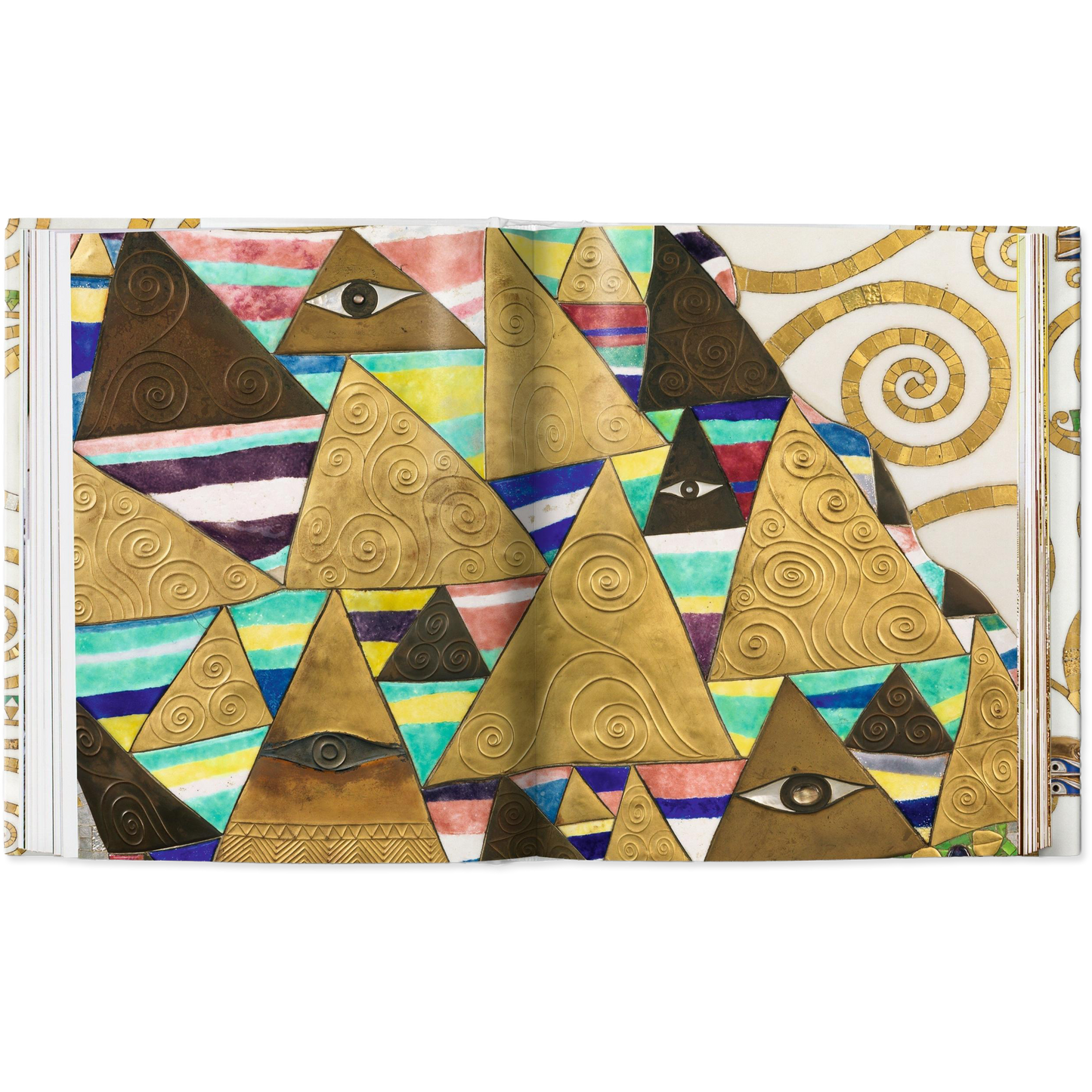 Colorful geometric design with triangles and eyes on a white background