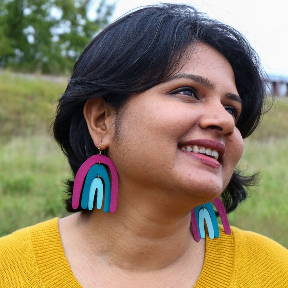 Painted Rainbow Statement Earrings (Magenta & Teal) - Chrysler Museum Shop