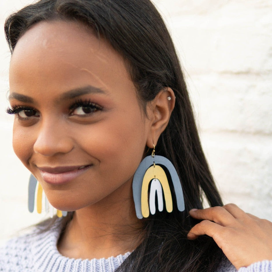Painted Rainbow Statement Earrings (Yellow, Gray, & White) - Chrysler Museum Shop