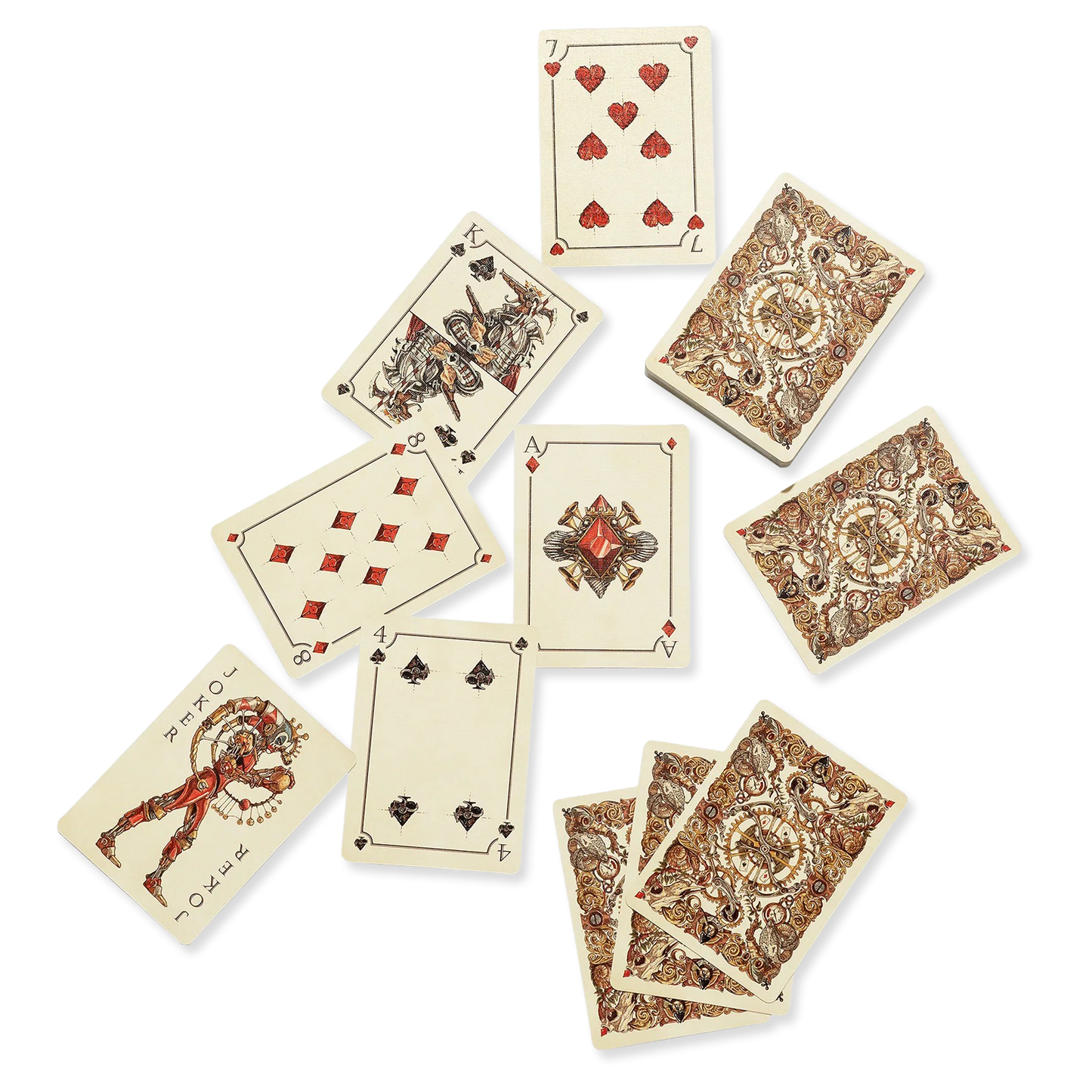 Set of playing cards with intricate designs on a white background