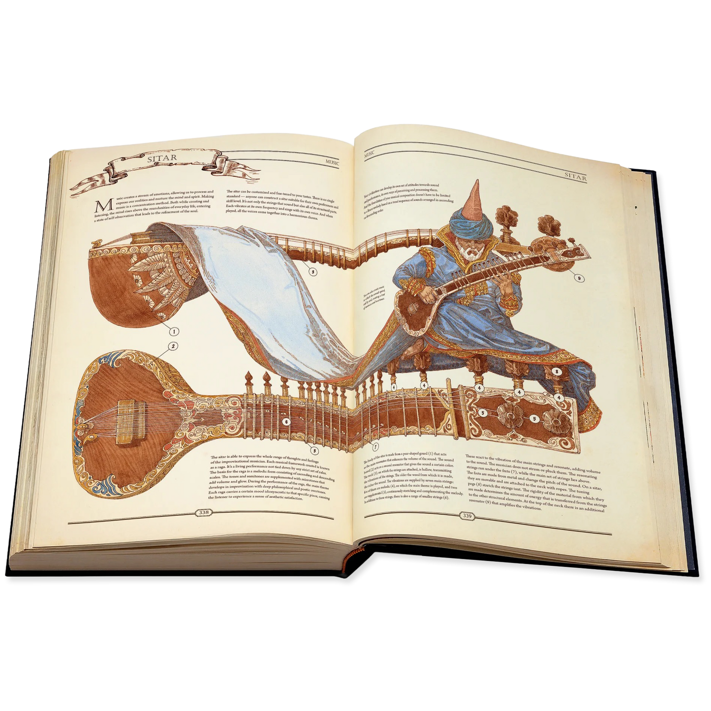 Open book with detailed illustrations of musical instruments on a white background