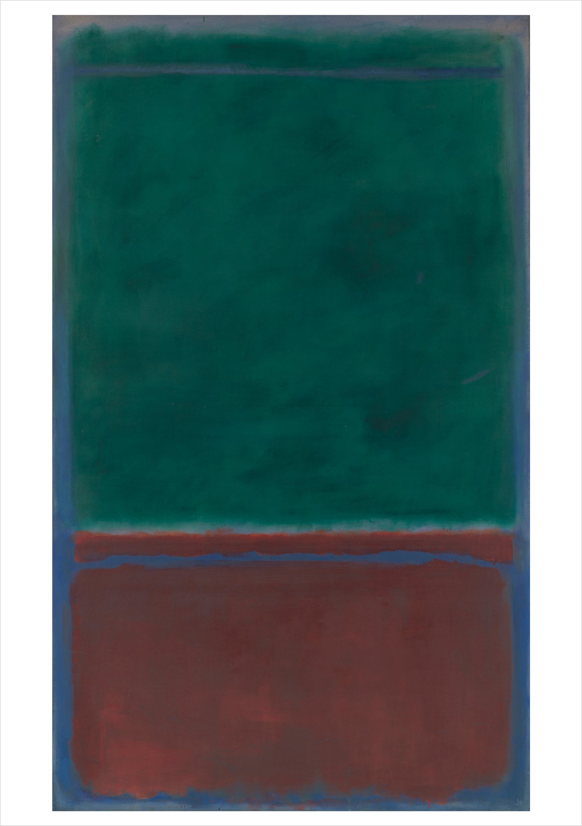 Abstract art piece with green and brown rectangles on a blue background