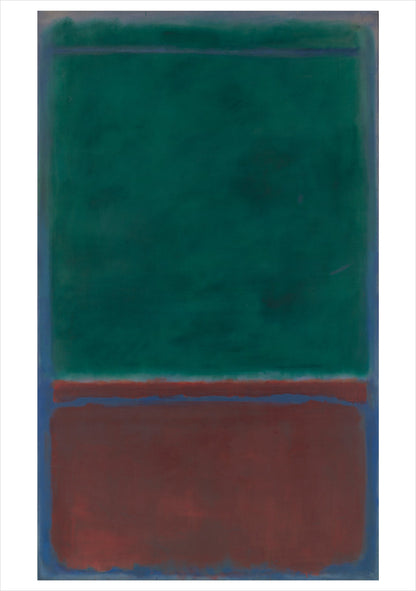 Abstract art piece with green and brown rectangles on a blue background