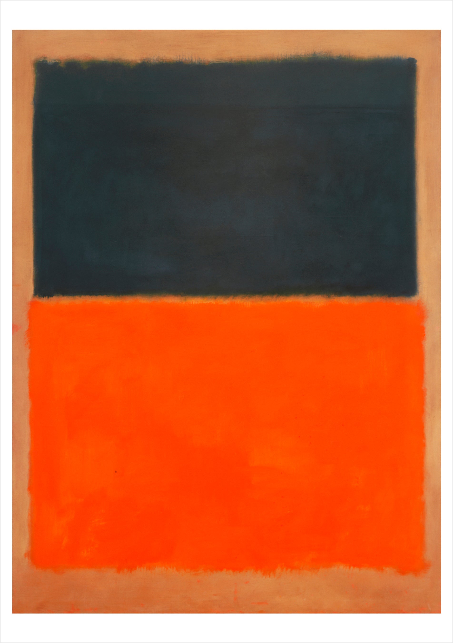 Abstract art piece with a large black rectangle on an orange background