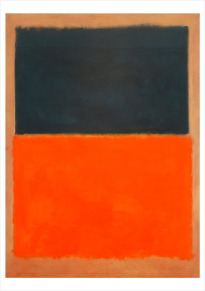 Abstract art piece with a large black rectangle on an orange background