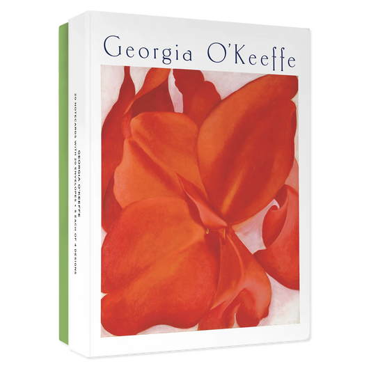 Box of 'Georgia O'Keeffe' note cards with red floral illustration on a white background
