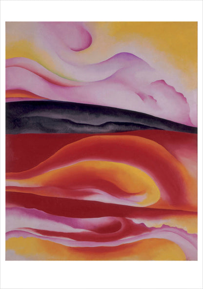 Abstract artwork with wavy patterns in pink, orange, and purple on a white background