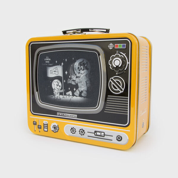 Vintage-style television-shaped lunch box with screen displaying an astronaut graphic.