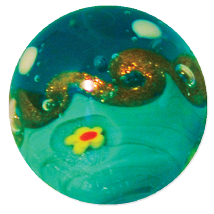 Round teal marble with gold swirls and a yellow flower on a white background