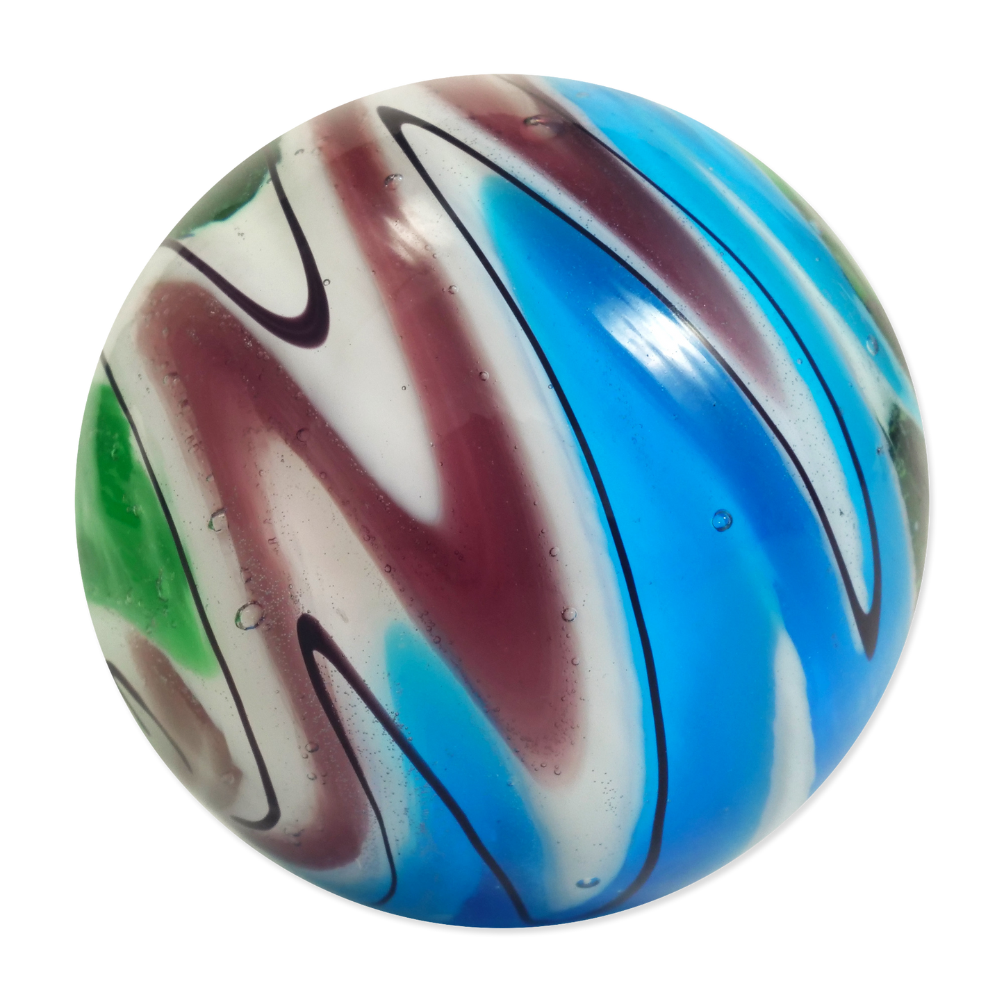 Colorful marbled sphere with blue, red, and green swirls on a white background