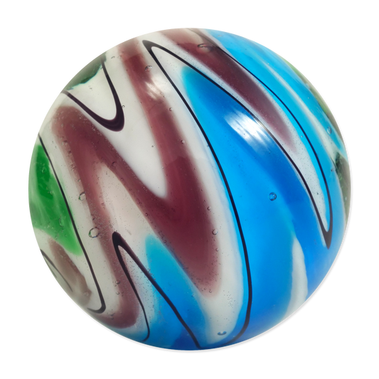 Colorful marbled sphere with blue, red, and green swirls on a white background