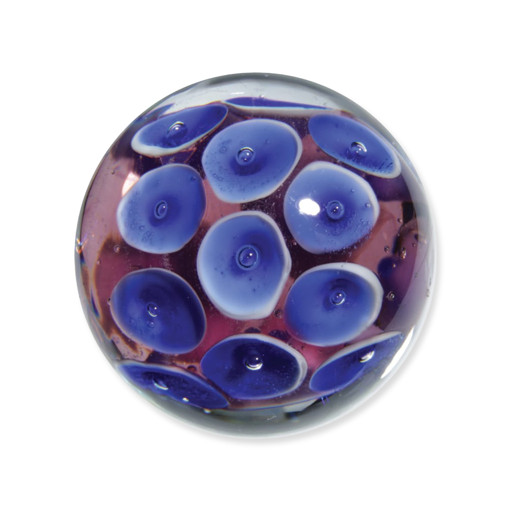 Glass marble with blue and purple bubble design on a white background