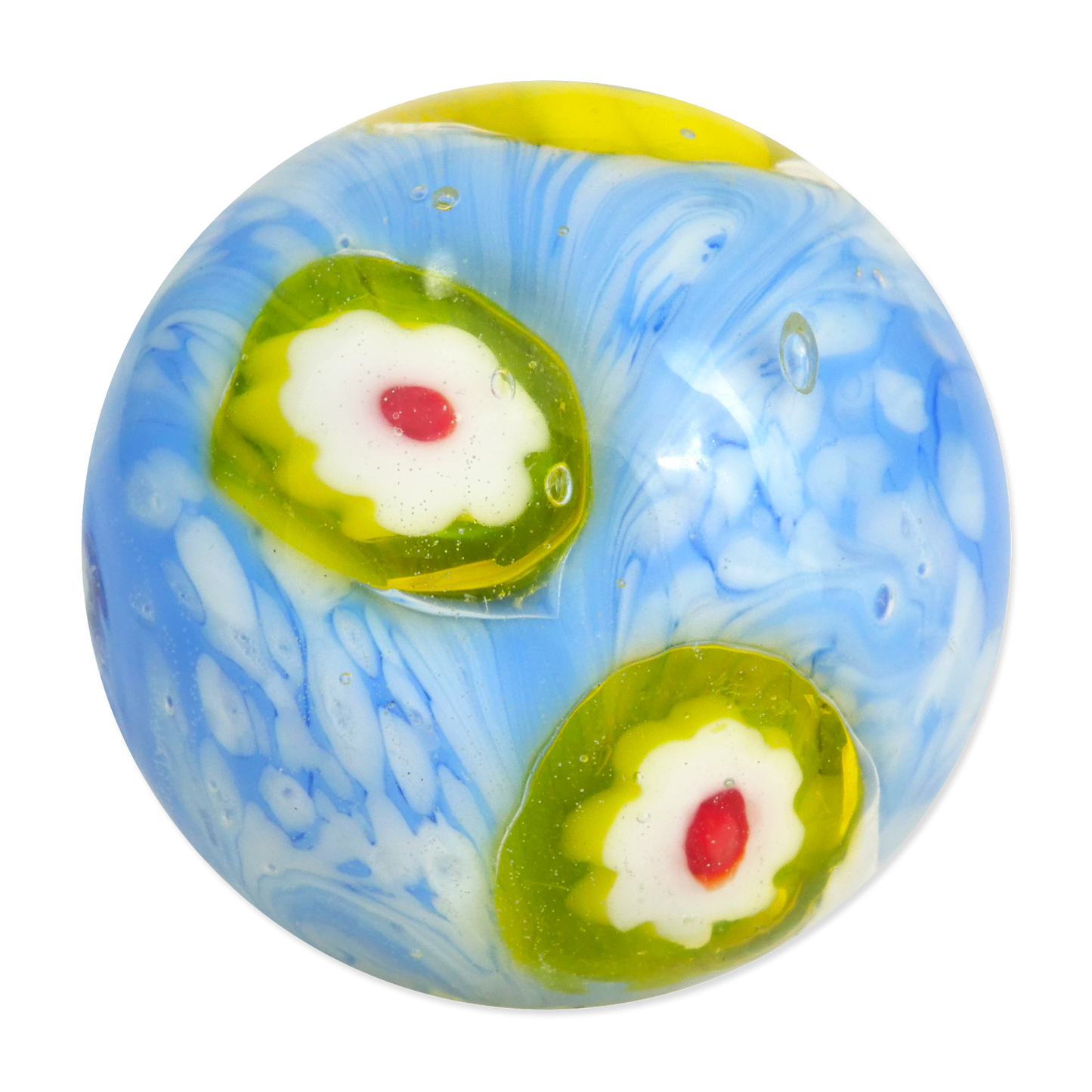 Decorative glass marble with blue, green, and white swirls on a white background