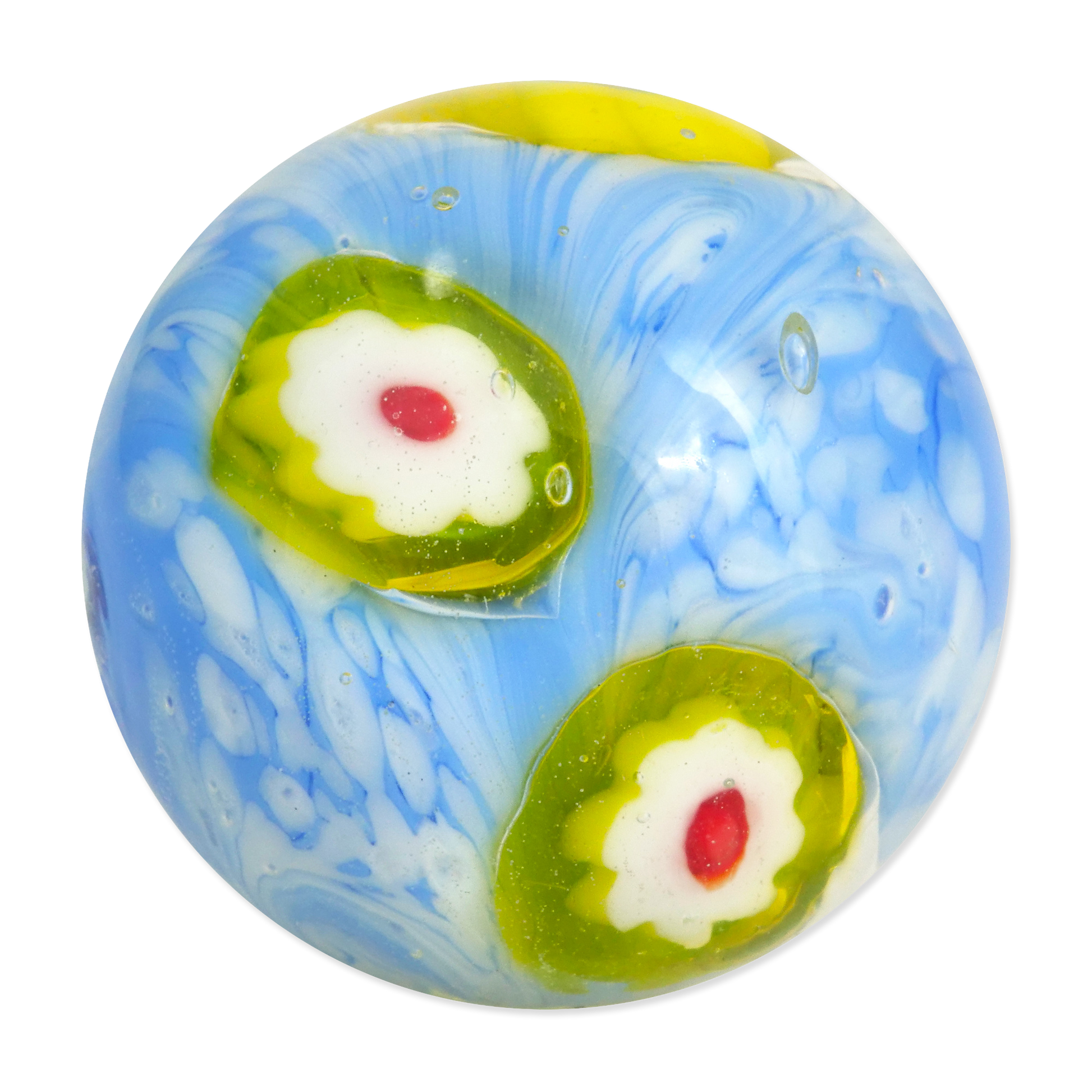 Decorative glass marble with blue, green, and white swirls on a white background