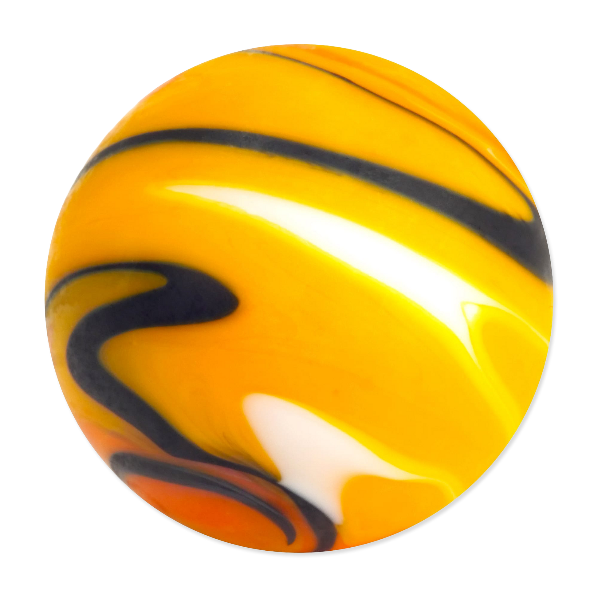 Round object with yellow, black, and white swirl pattern on a white background