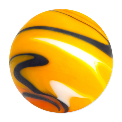 Round object with yellow, black, and white swirl pattern on a white background