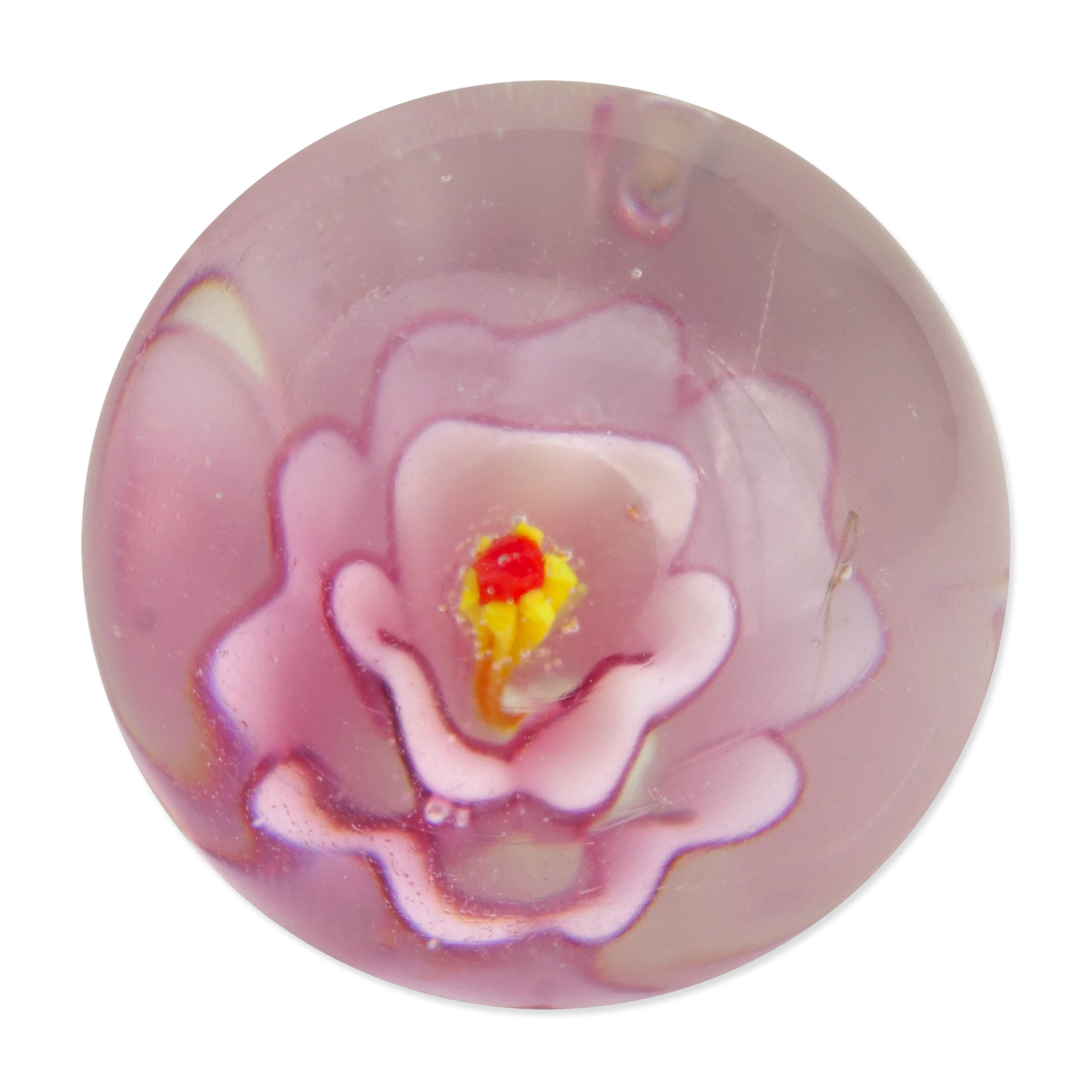 Pink glass marble with a yellow center on a white background