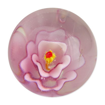 Pink glass marble with a yellow center on a white background