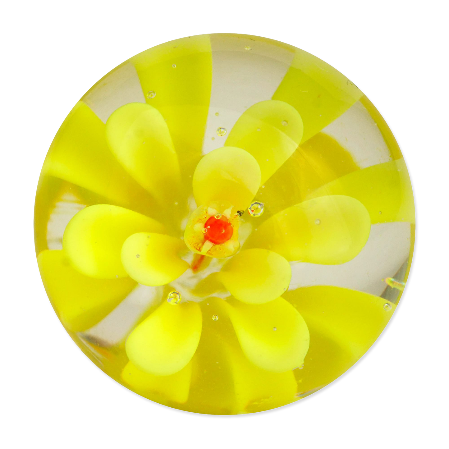 Round yellow glass marble with a central red feature on a white background
