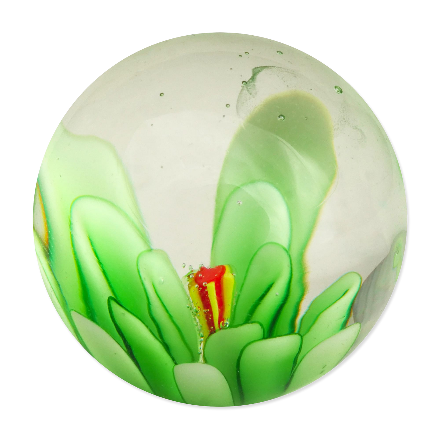 Green glass marble with a red and yellow center on a white background