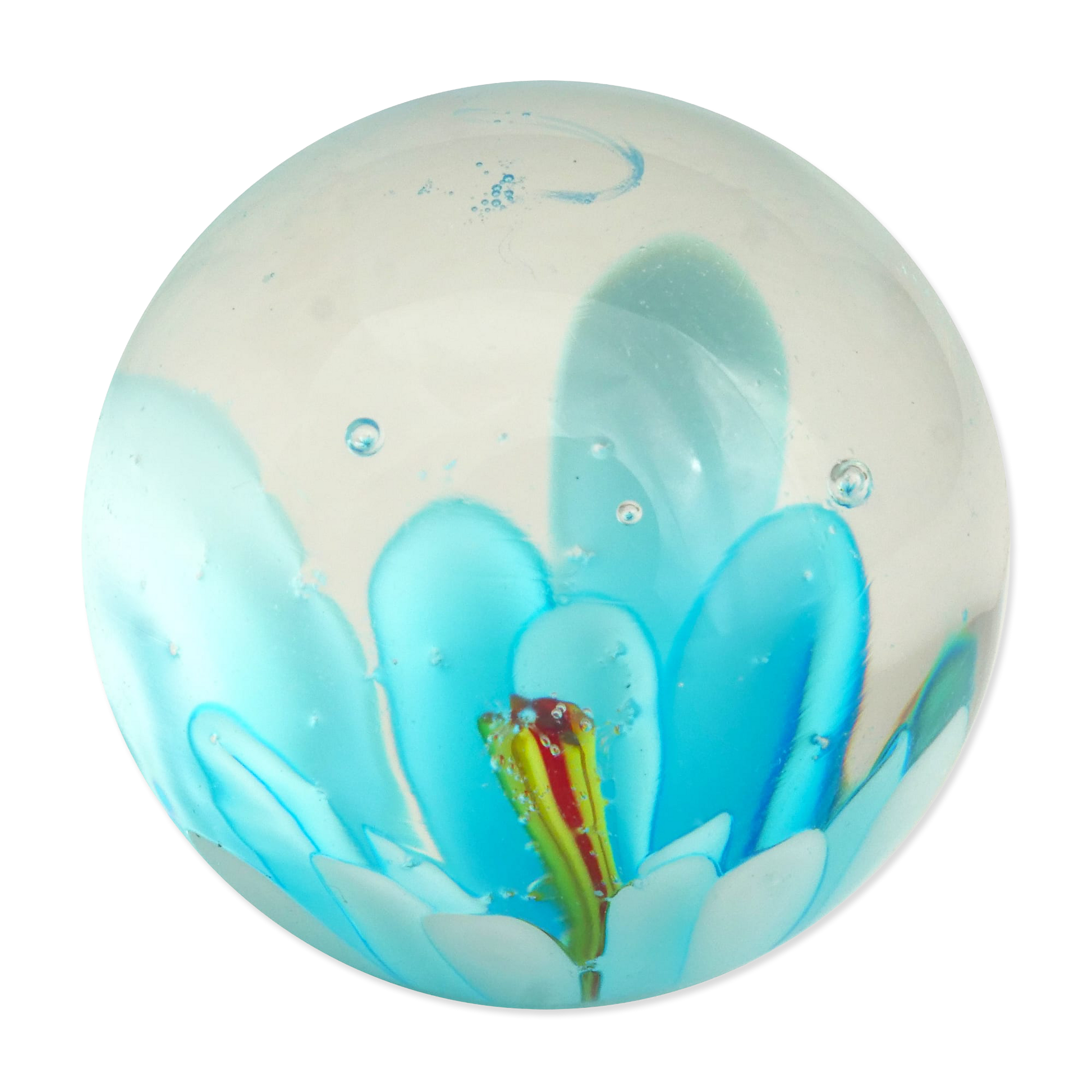 Round glass marble with blue floral design and small figure on a white background
