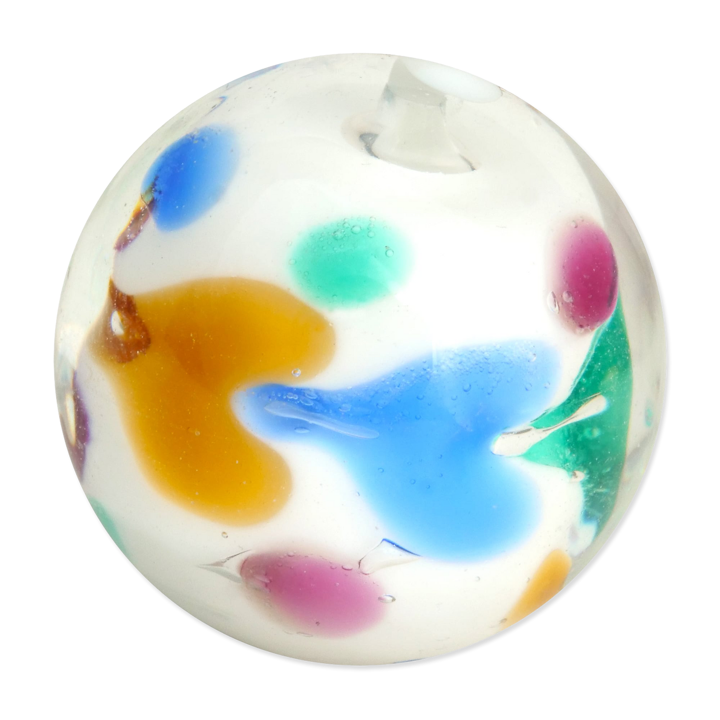 Round glass marble with multicolored splashes on a white background