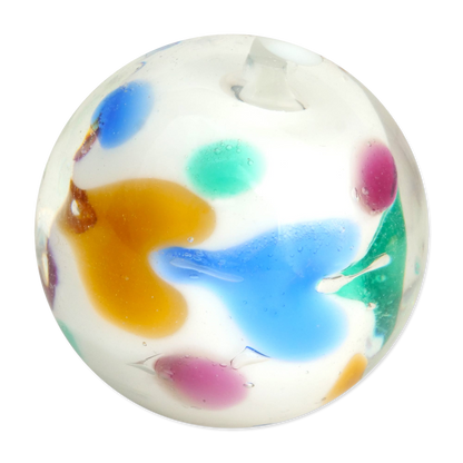 Round glass marble with multicolored splashes on a white background