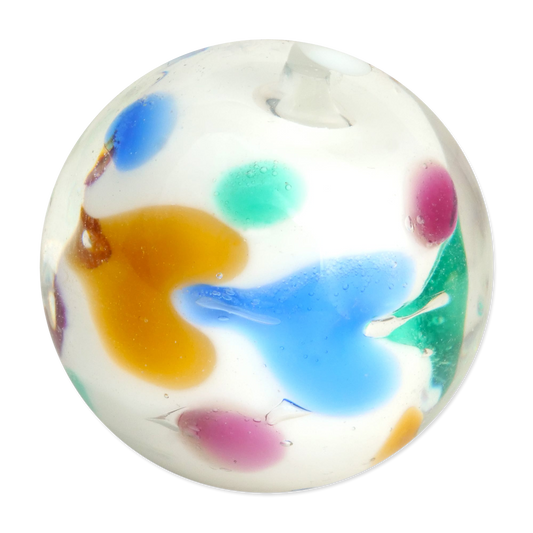 Round glass marble with multicolored splashes on a white background